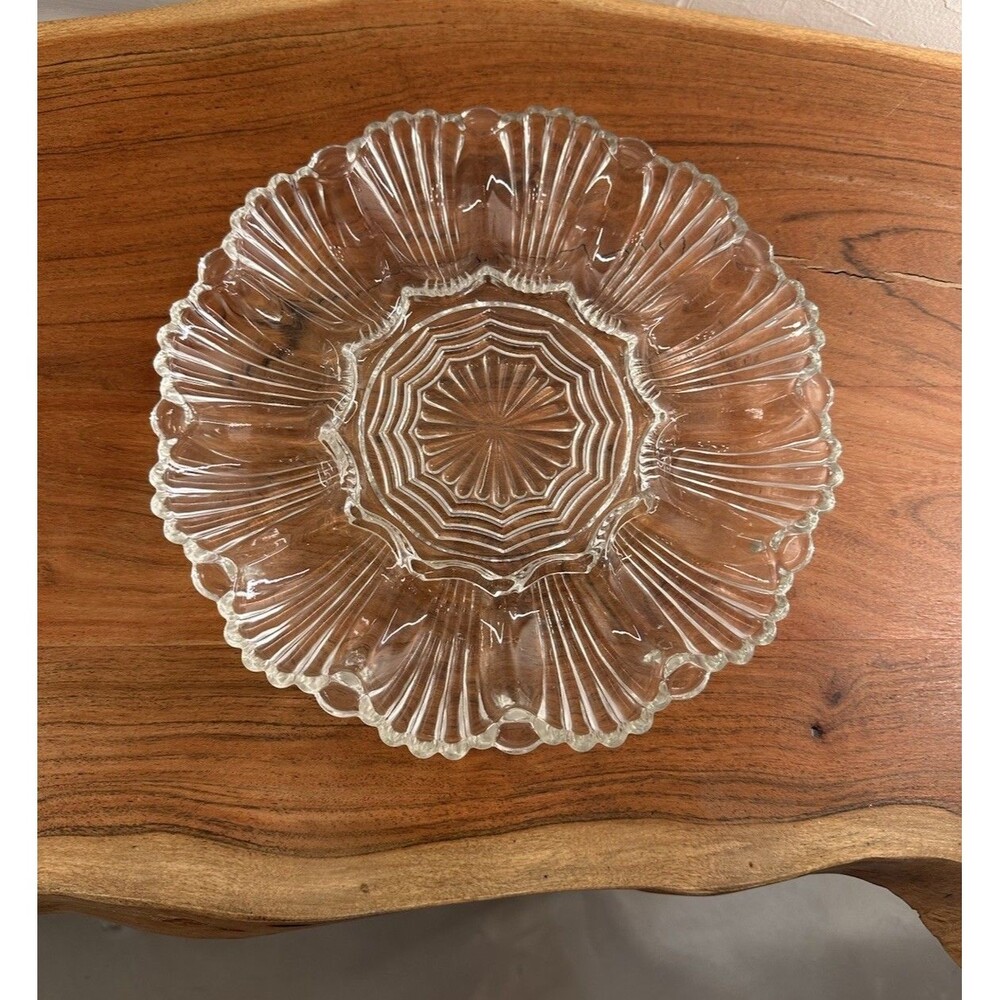 VTG Anchor Hocking Glass Deviled Egg Plate Pattern 896 MCM Scalloped Fan 10”